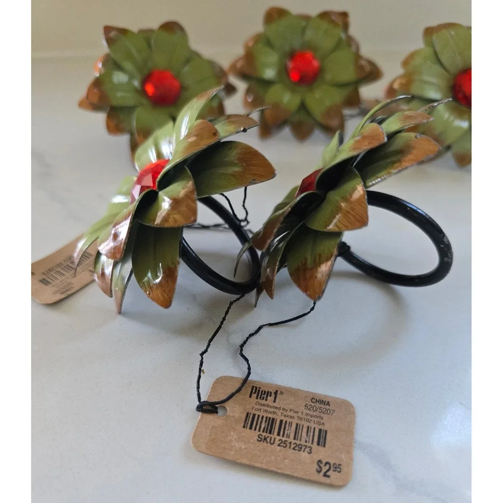 Pier 1 Imports Succulent Flower Napkin Rings Set of 5‎ Green Red Gem SKU 2512973